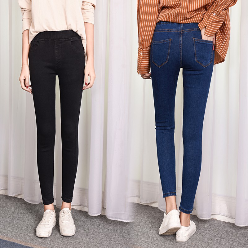 Quần Jeans Màu Trơn Lưng Thun Cao Thiết Kế Ôm Sát Tôn Dáng