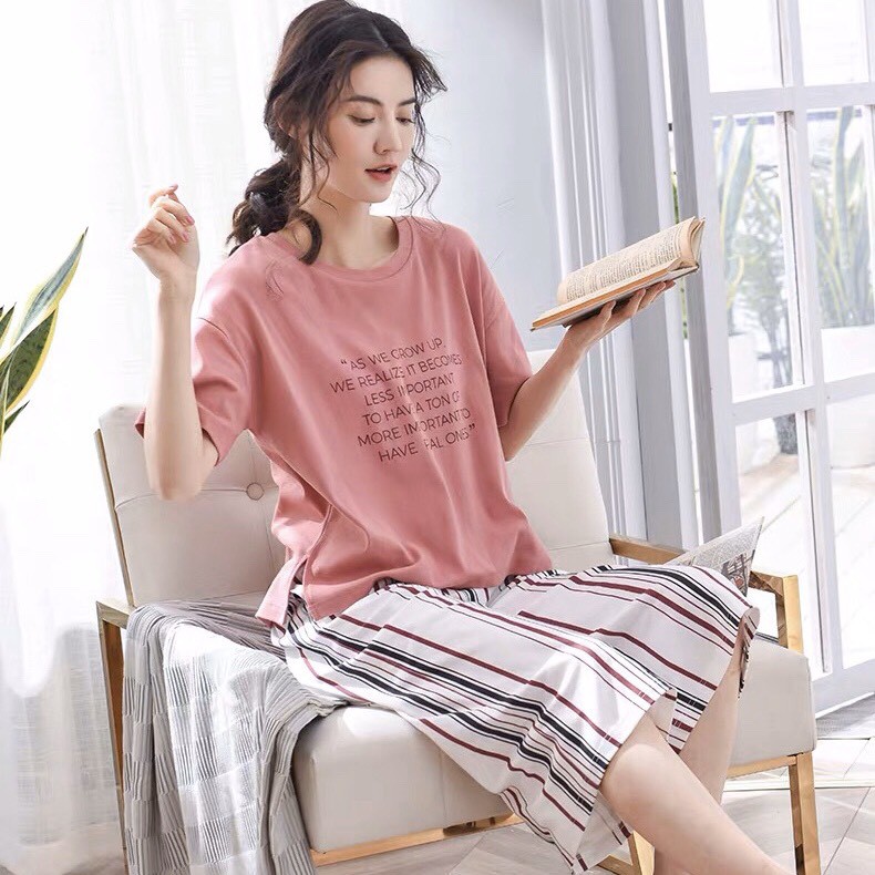 Bộ lửng mặc nhà cotton in chữ quần kẻ