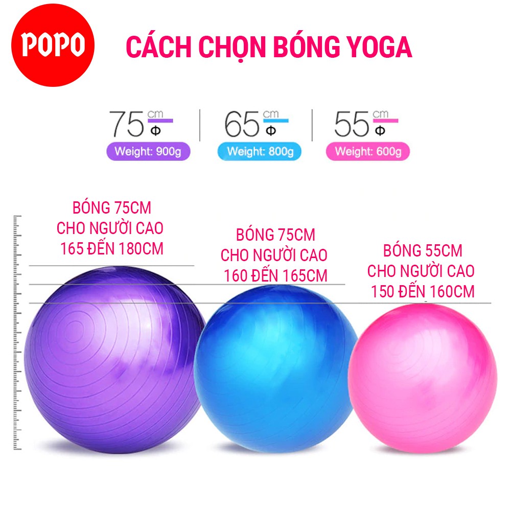 Bóng tập Yoga chính hãng POPO bóng yoga trơn đường kính 25, 55, 65, 75 cm