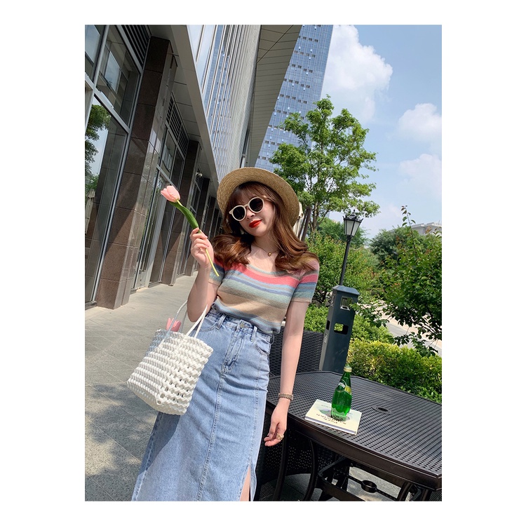 Áo Thun Dệt Kim Ngắn Tay Cổ Vuông Họa Tiết Kẻ Sọc Thời Trang Mùa Hè Mới Cho Nữ