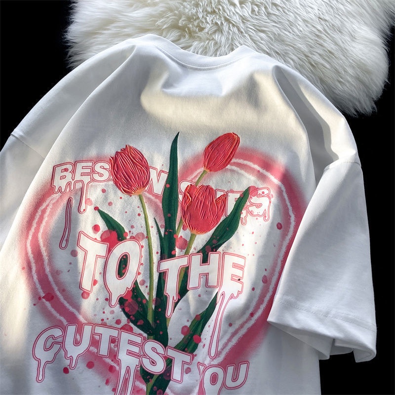 Jiashucheng Áo Thun Tay Ngắn In Chữ Và Hoa Tulip Phong Cách Hàn Quốc Thời Trang Mùa Hè Mới Cho Nam Và Nữ