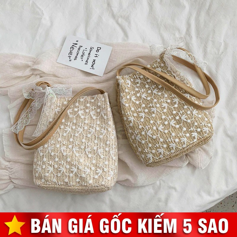 Túi Cói Đi Biển Ren Hoa Dây Da Size 26cm P1831