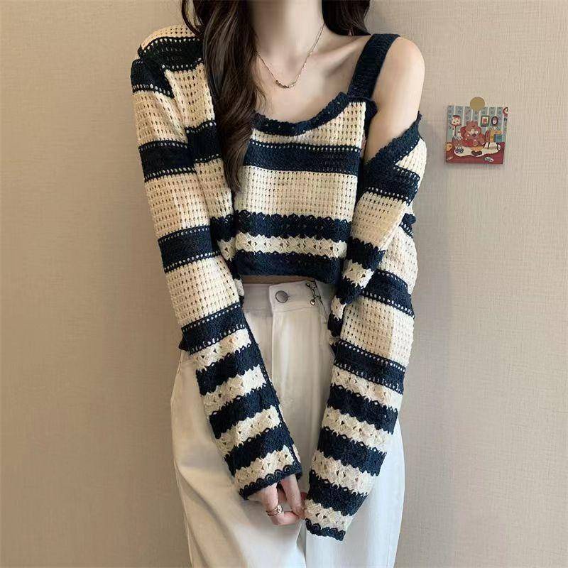 Áo Cardigan Dệt Kim Kẻ Sọc Rộng Bộ Hai Mảnh Có Dây Đeo Áo Ngắn Cho Nữ