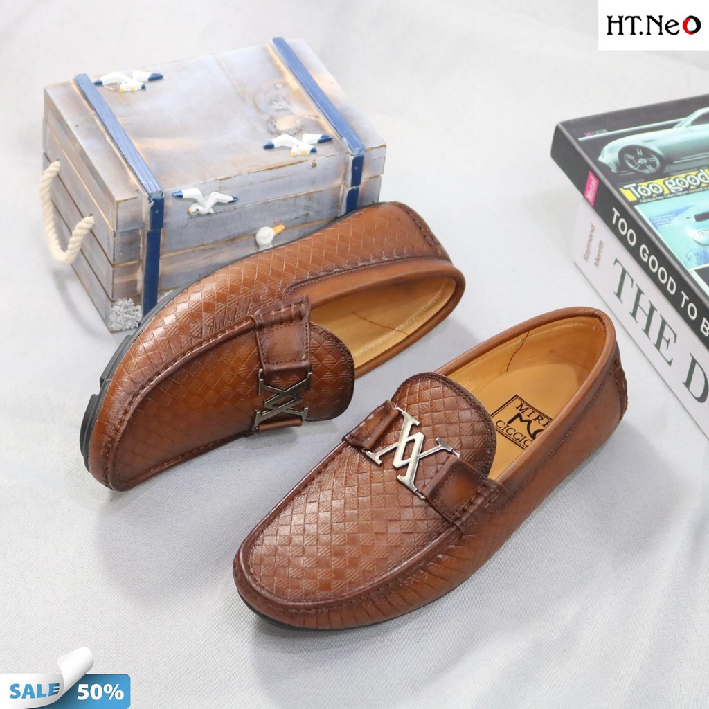 Giày mọi nam HT.NEO da bò nguyên miếng cực bền, dai, bóng thêm họ tiết da đan kế ,huy chữ V sang  GM72
