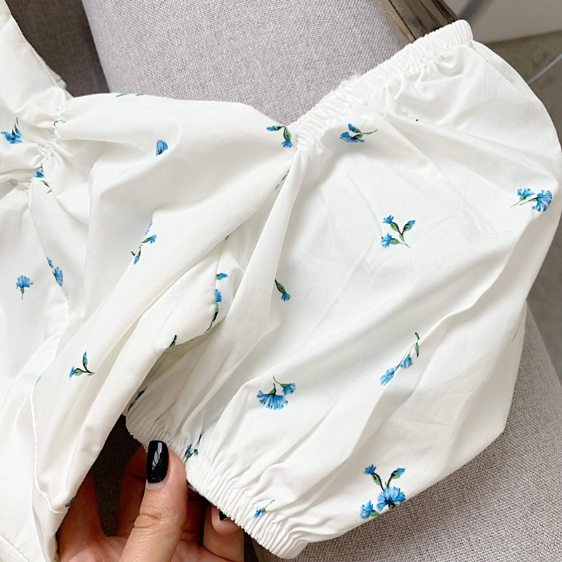 Đầm - Váy thô trắng hoa nhí xanh ngắn tay xẻ đùi DRES422