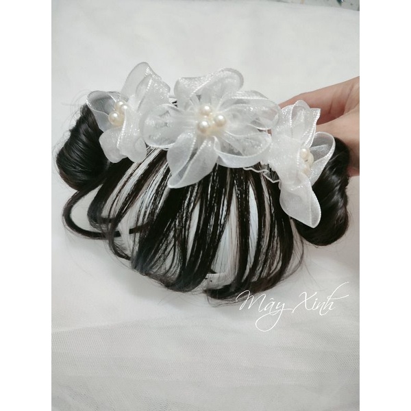 Băng đô tóc giả  hoa trắng nhũ to xinh nhiều màu cho bé