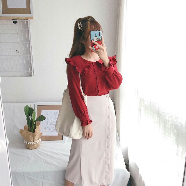 Áo sơ mi kiểu viền bèo tay dài | BigBuy360 - bigbuy360.vn