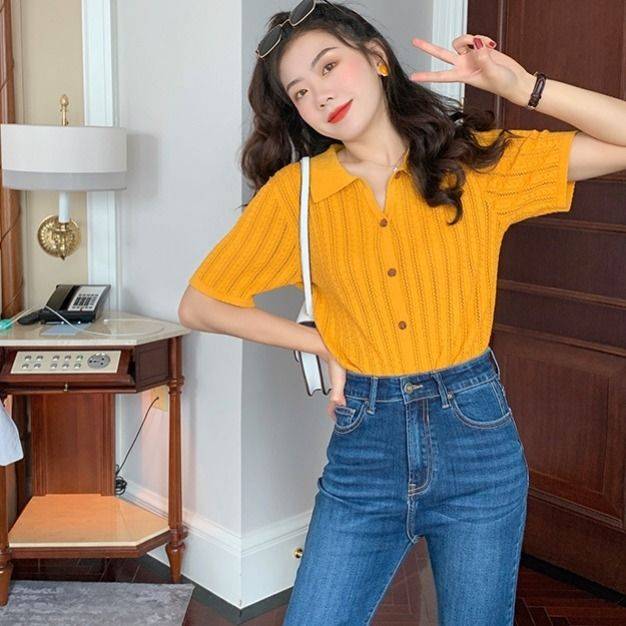 Áo Thun Polo Ngắn Tay Phong Cách Retro Hàn Quốc 2021 Cho Nữ
