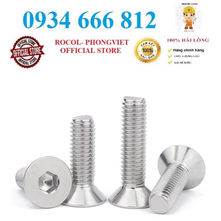 Set 50 cái và 10 cái M6 bulong lục giác chìm đầu bằng inox201 M6