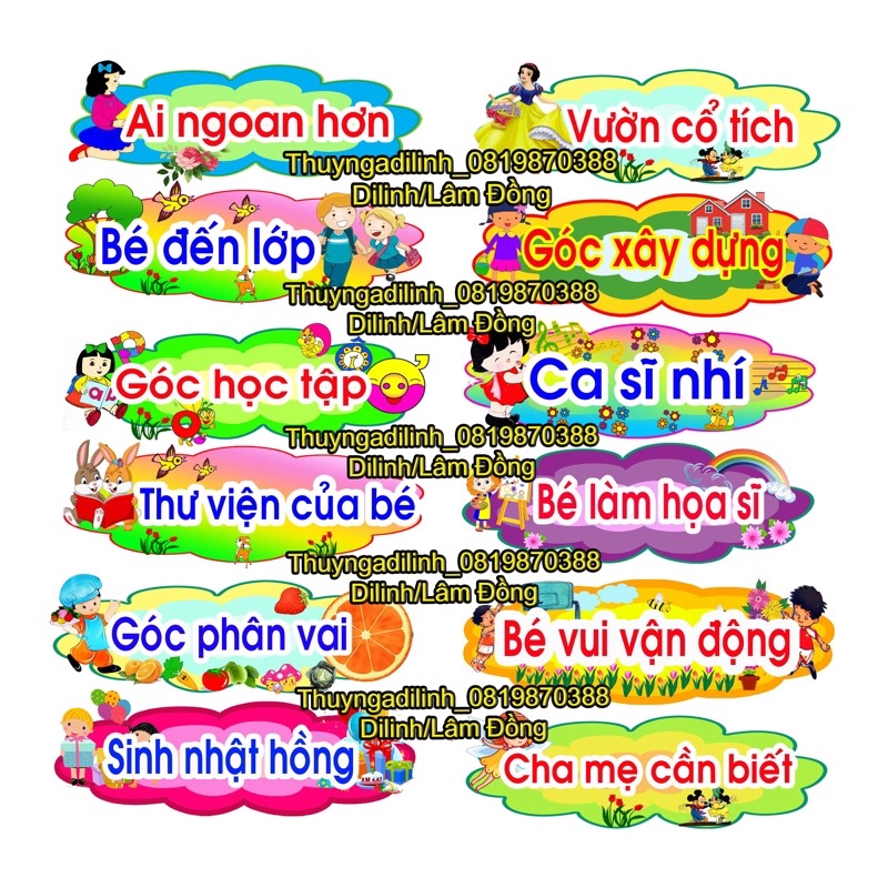 Bộ 12 tên góc in màu ép plastic mầm non
