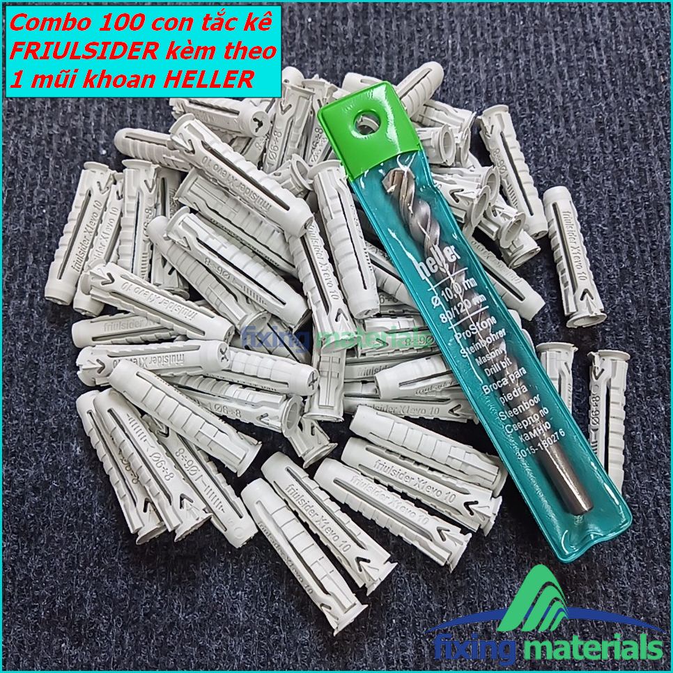 Combo 100 cái tắc kê nhựa Friulsider X1 (SX tại Ý) + 1 mũi khoan Heller (SX tại Đức)