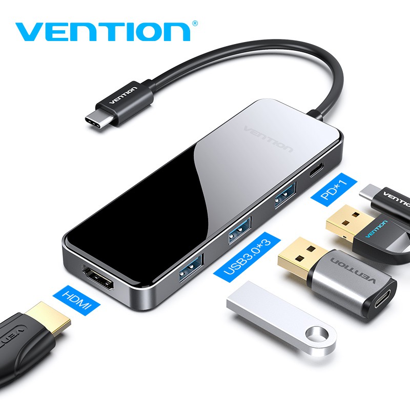 Thiết bị chia cổng VENTION chia cổng sạc USB C sang cổng HDMI 4K /3 USB 3.0/100W PD 5 trong 1