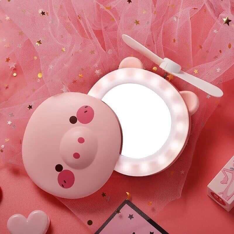 Quạt mini cầm tay lợn hồng, gấu xanh kèm gương và đèn LED siêu dễ thương