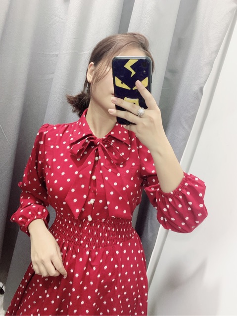 Đầm bi đỏ xoè cột nơ cổ xinh xắn - Moly Dress