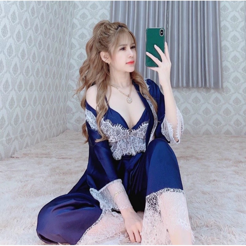 Set bộ ngủ sexy 2 dây quần dài kèm áo choàng
