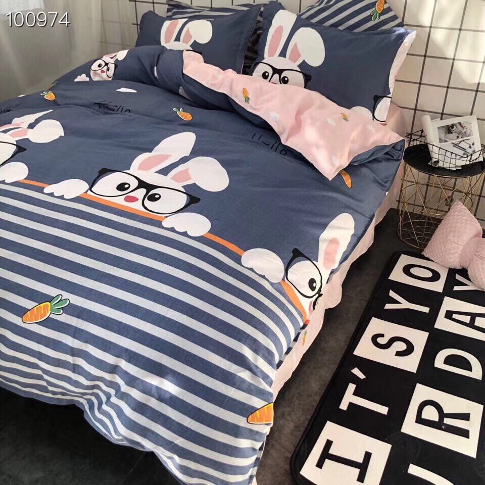 Bộ vỏ chăn ga gối cotton 100% Deme Thỏ Đeo Kính