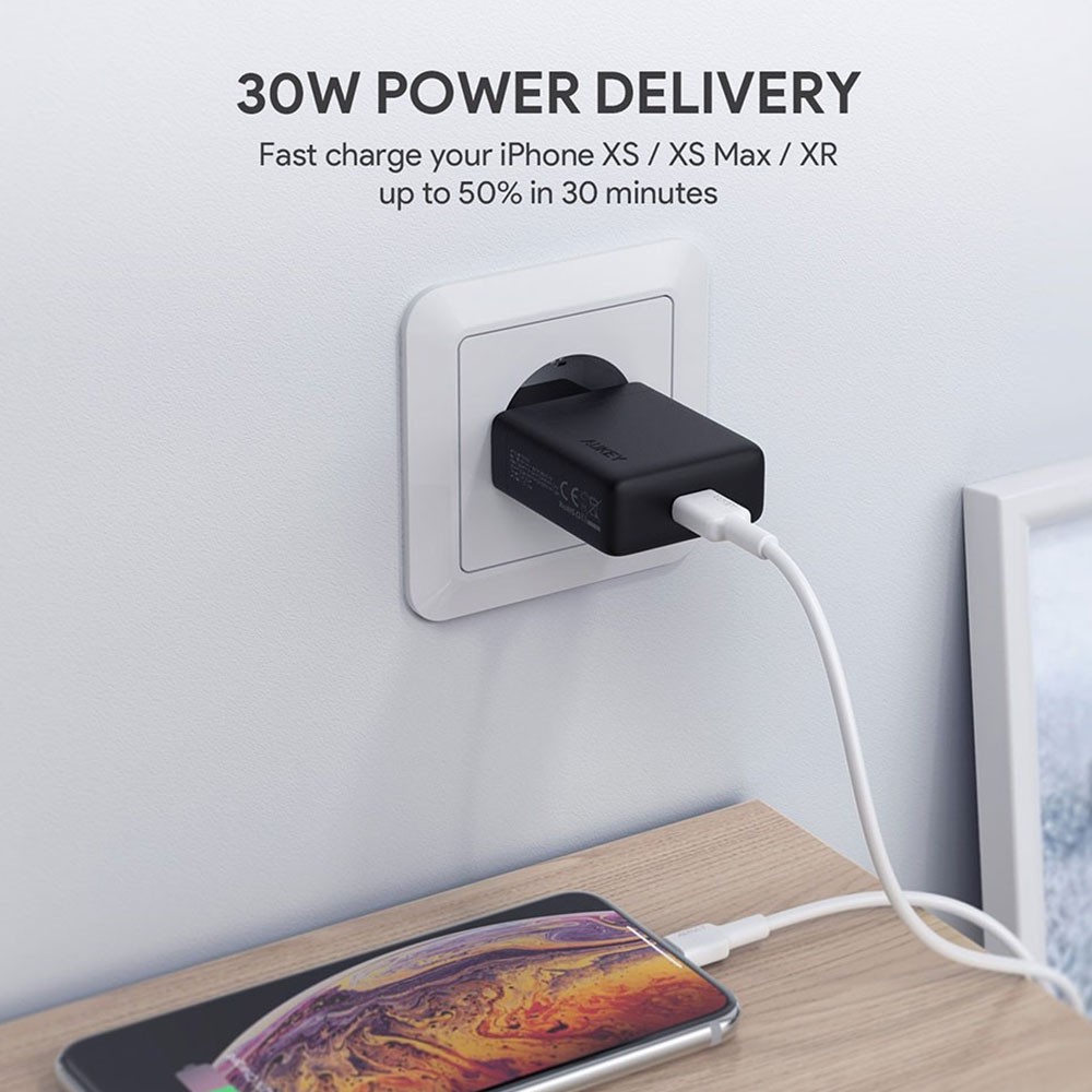 Cốc Sạc Aukey USB-C Sạc Nhanh Power Delivery PD 30W Hỗ Trợ Sạc Laptop [Chân Tròn] PA-Y21