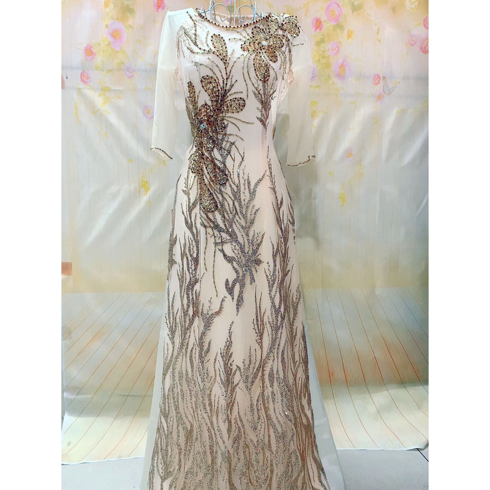 ÁO DÀI DỰ TIỆC KIM TUYẾN 4 TÀ MÀU KEM-ẢNH THẬT 100%