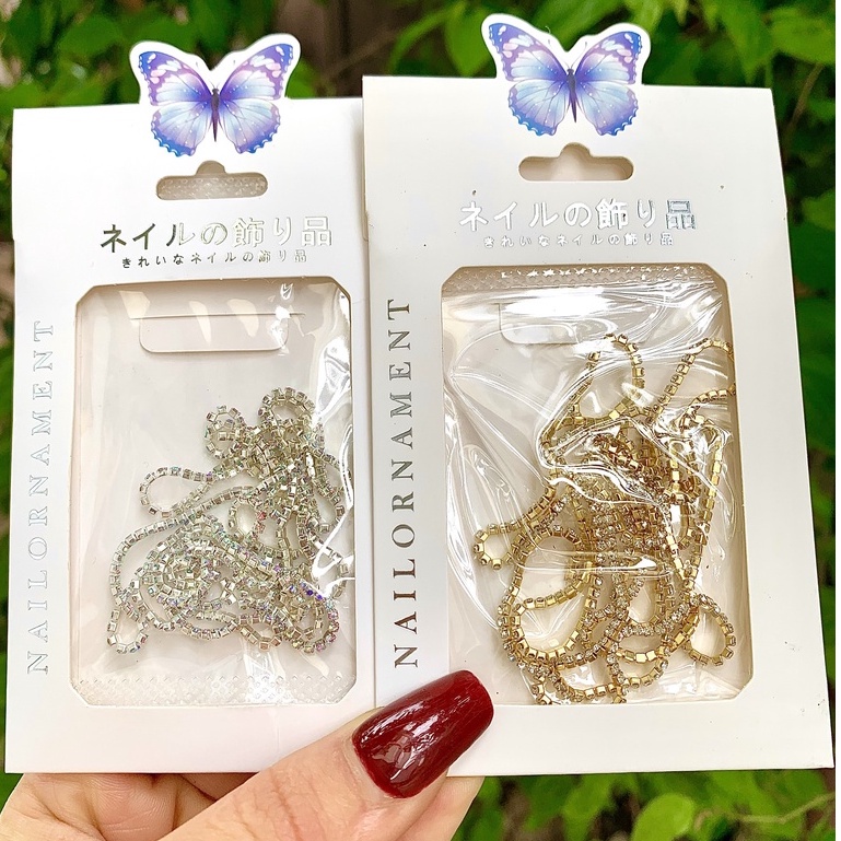Dây xích kim loại đính đá 3D long lanh sang trọng trang trí móng, phụ kiên nail