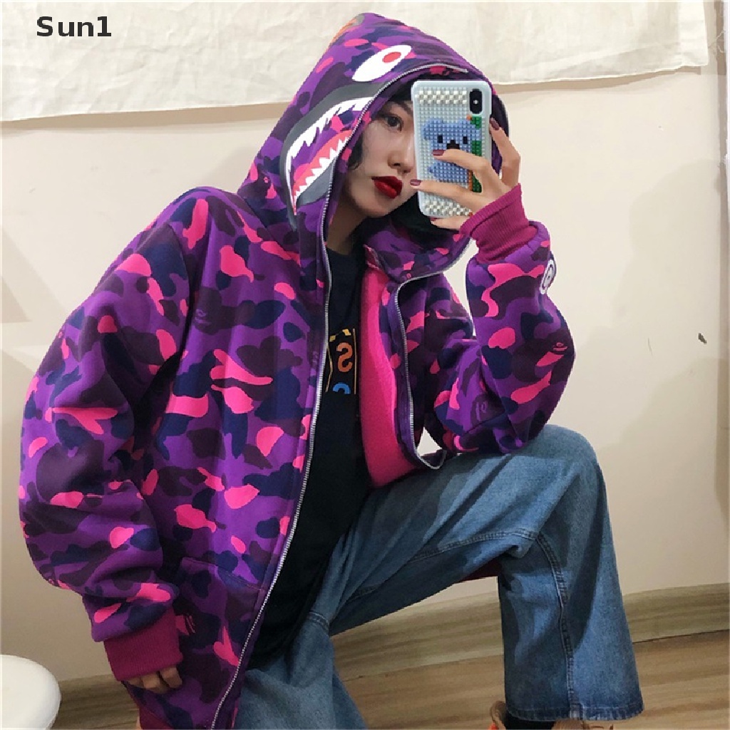 Sun1 &gt; Áo Hoodie Nỉ Dáng Rộng Họa Tiết Rằn Ri Phong Cách Hip Hop Trẻ Trung Cho Cặp Đôi