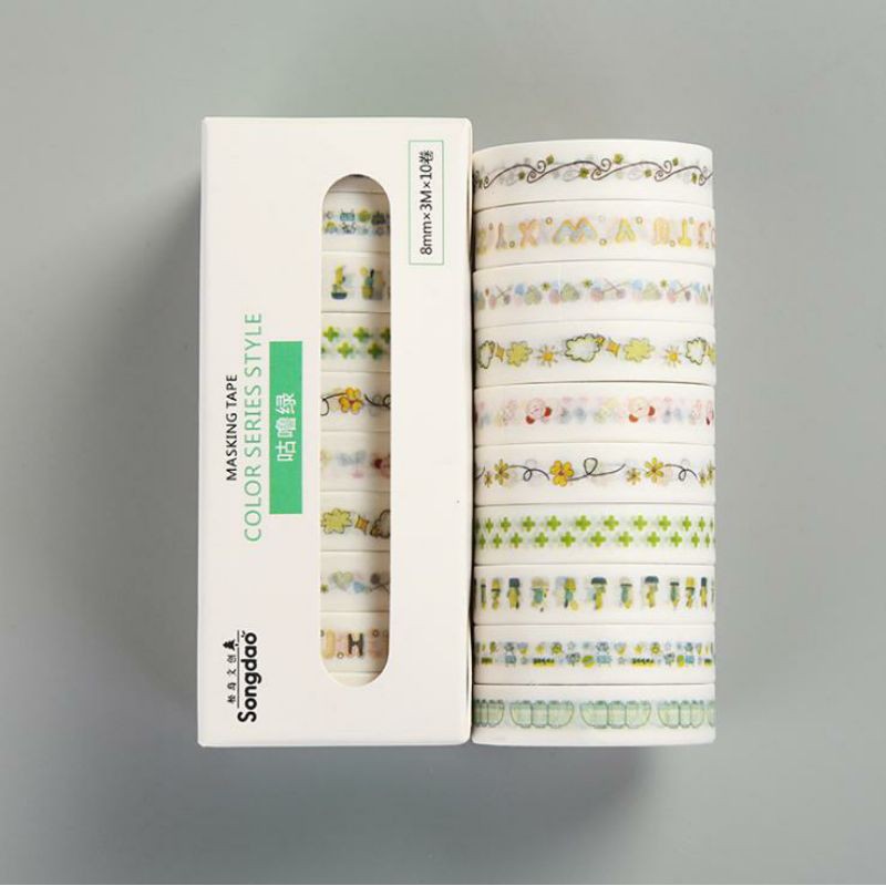 Set 10 cuộn washi tape màu xanh lá cây 3 (8mm*3m)