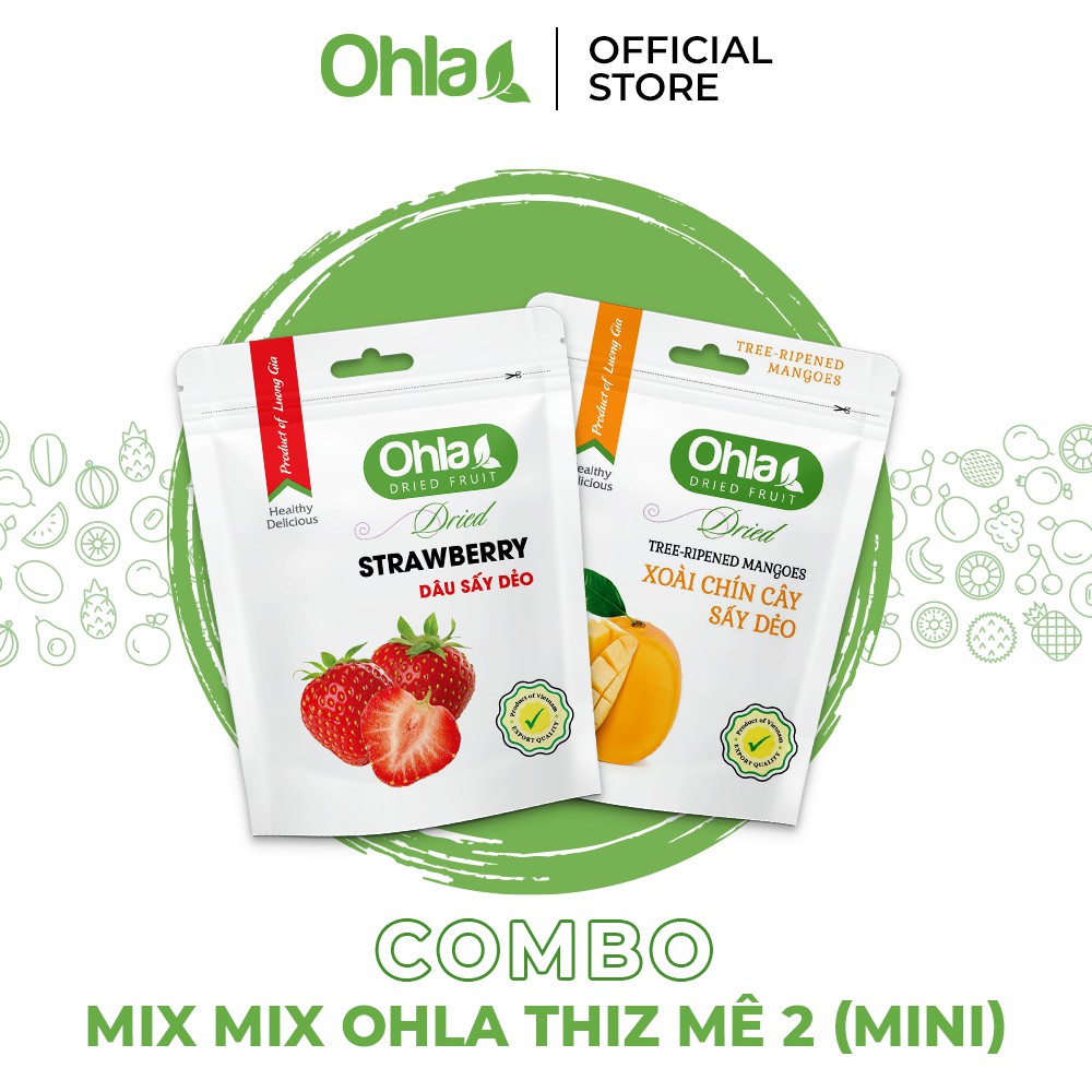 Combo Mix mix Ohla Thiz mê 2 Mini gồm Xoài sấy dẻo 35g và Dâu tây sấy dẻo 30g
