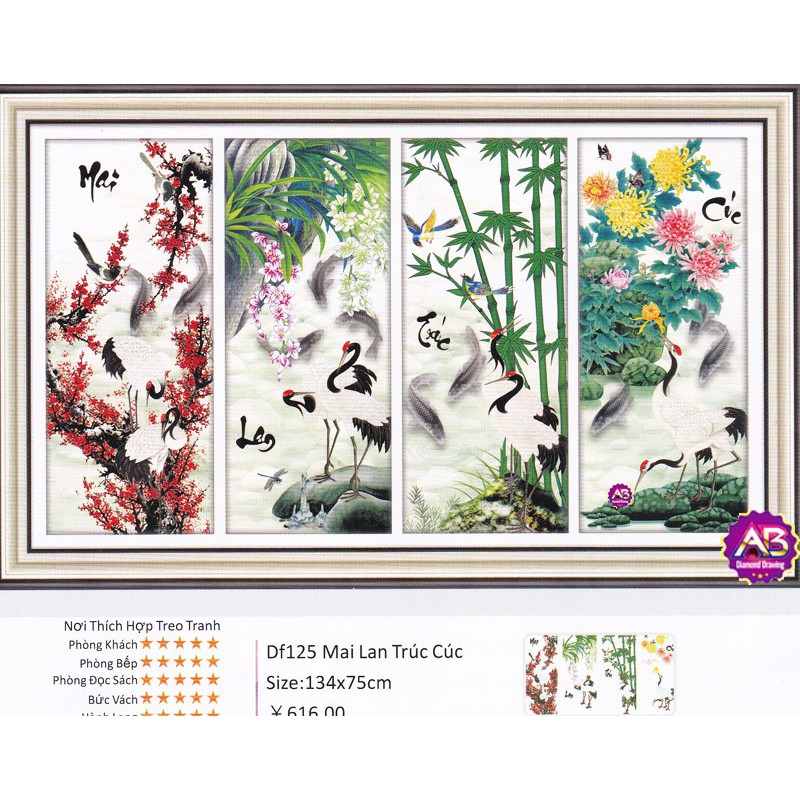 TRANH ĐÍNH ĐÁ TỨ QUÝ MAI LAN TRÚC CÚC DF125 KT 134X75CM