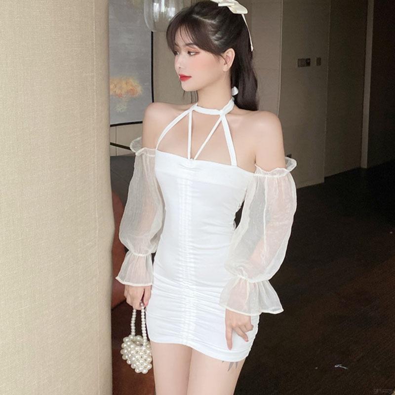 Đầm Tay Dài Trễ Vai Màu Trơn Phong Cách Hàn Quốc Cho Nữ