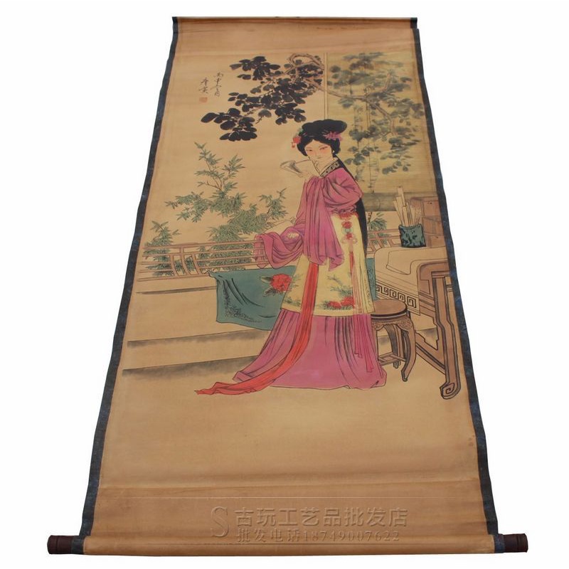 Tranh giả cổ Thiếu nữ đọc sách của họa sĩ Đường Âm, Tranh giấy xuyến chỉ viền bo lụa size lớn 155 x 74cm