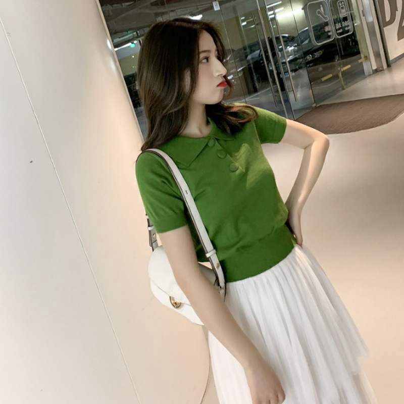 Áo thun tay ngắn cổ polo màu trơn phong cách retro dành cho nữ | BigBuy360 - bigbuy360.vn