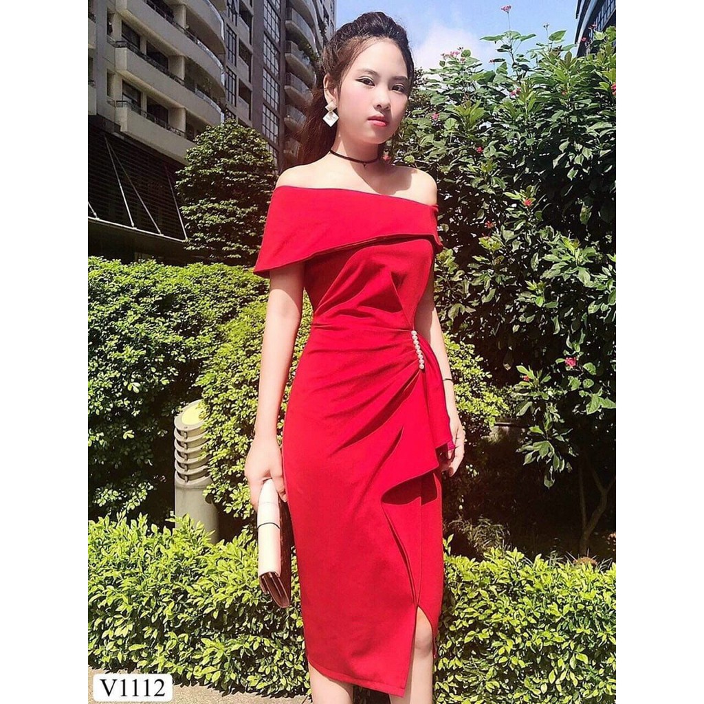 Đầm body trễ vai đính cườm ôm dáng