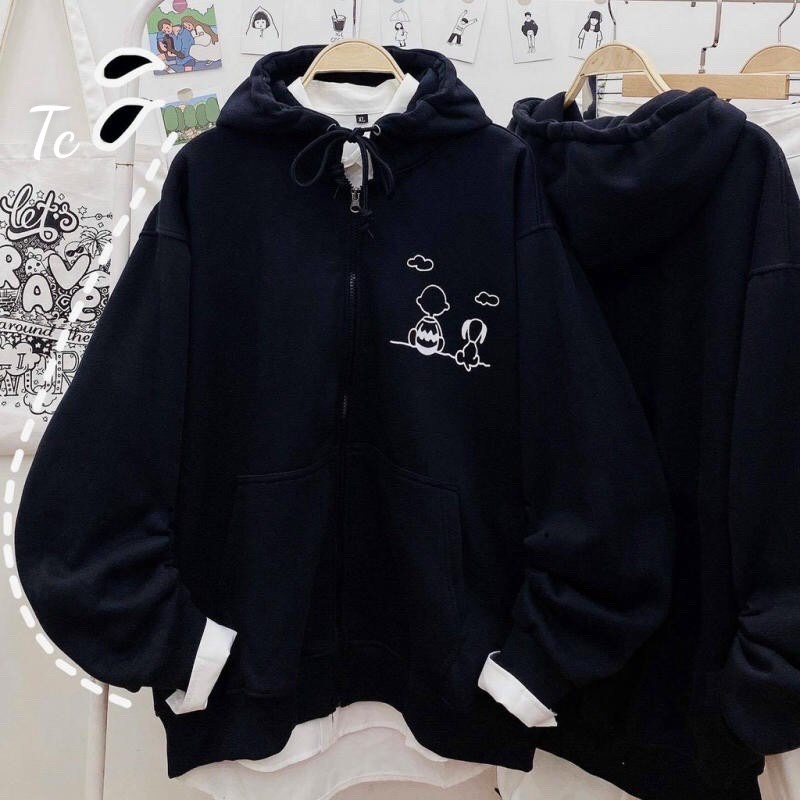 Áo hoodie zip nữ tay phồng chú chó và con người 2 màu đen trắng,áo thu đông nữ chất nỉ ngoại dày mịn mũ 2 lớp