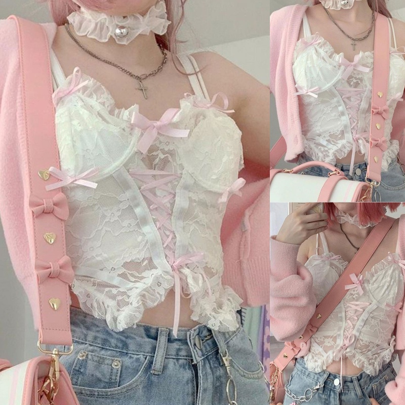 Áo croptop hai dây vải ren hoa xuyên thấu dáng ôm nhún bèo phối dây thắt nơ phong cách Lolita ngọt ngào cho nữ