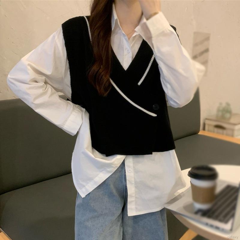 Áo sát nách dệt kim cổ chữ V màu sắc kết hợp phong cách retro trẻ trung thời trang dành cho nữ