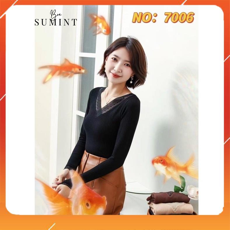Áo giữ nhiệt len tăm mix ren cao cấp cổ tim tôn dáng kết hợp được nhiều kiểu trang phục 7006