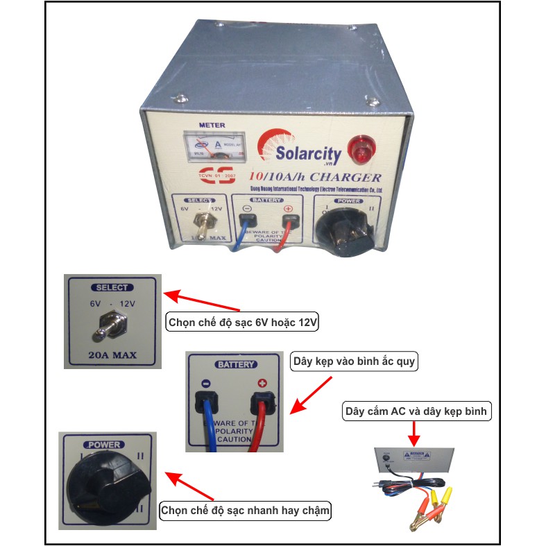 Sạc bình ắc quy 6V-12V 10Ah Solarcity