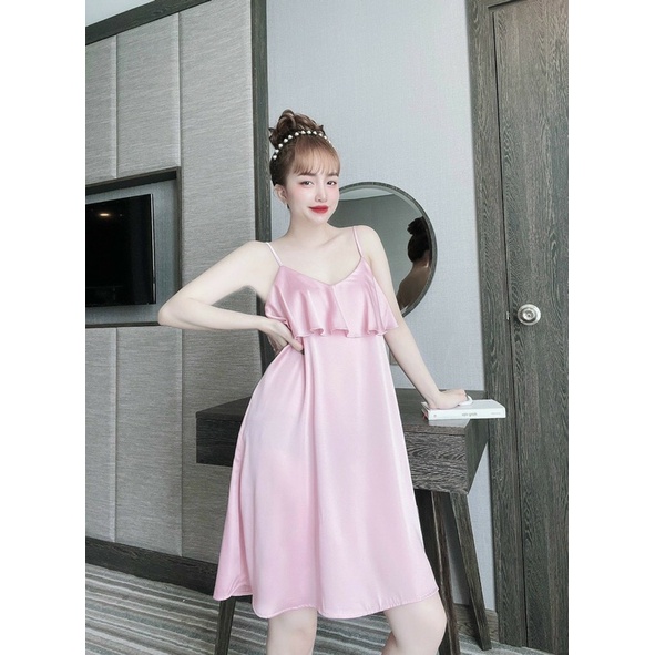 [Hàng mới về] Đầm 2 dây sexy quyến rũ phối ren LỤA LATIN mặc nhặc ngủ cực xinh (mẹ bầu - Sau sinh mặc thoải mái)