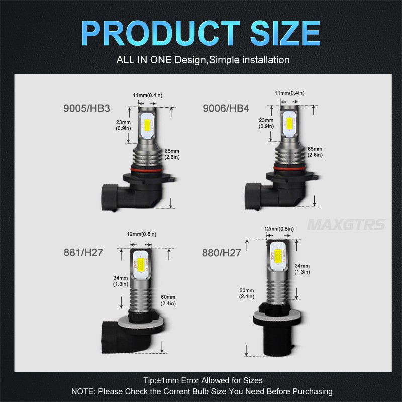 Set 2 đèn LED MAXGTRS Canbus H1 H7 H8 9005 HB3 9006 HB4 H16 H1 H3 880 881 H27W H27 H27W/2 3570 6000K 3000K cho xe hơi