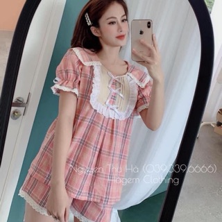 Set bộ đùi kẻ cổ viền bèo tiểu thư kèm ảnh thật