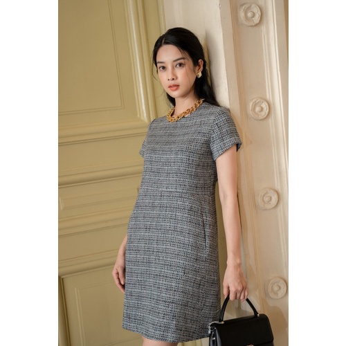 Đầm suông xanh ngắn tay vải TWEED SIXDO