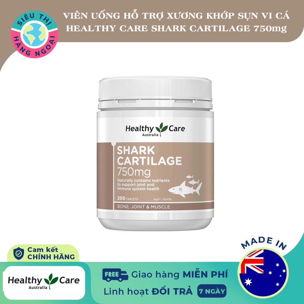 Viên sụn cá mập Healthy Care Shark Cartilage 750mg Úc Hộp 200 viên [Hỗ trợ điều trị các vấn đề về cơ xương khớp]