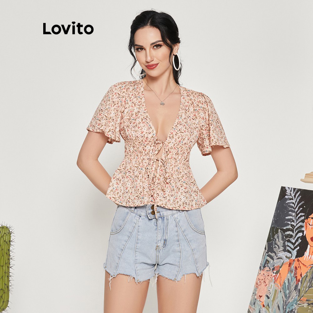 Lovito Áo kiểu cổ chữ V in họa tiết hoa phong cách Boho L12023