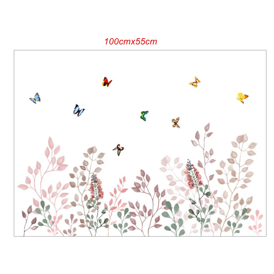 Decal dán tường trang trí chân tường -  BƯỚM NGŨ SẴC CÙNG HOA CỎ MÙA XUÂN