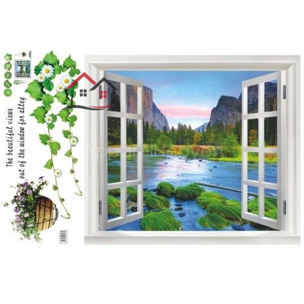 Đề can PVC dán tường in hình cửa sổ và phong cảnh 3D trang trí nhà cửa