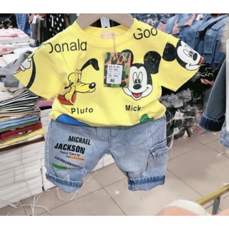 Sét jean áo thun Mickey tay ngắn cho bé trai. Sét áo thun tay ngắn quần jean lửng cho bé