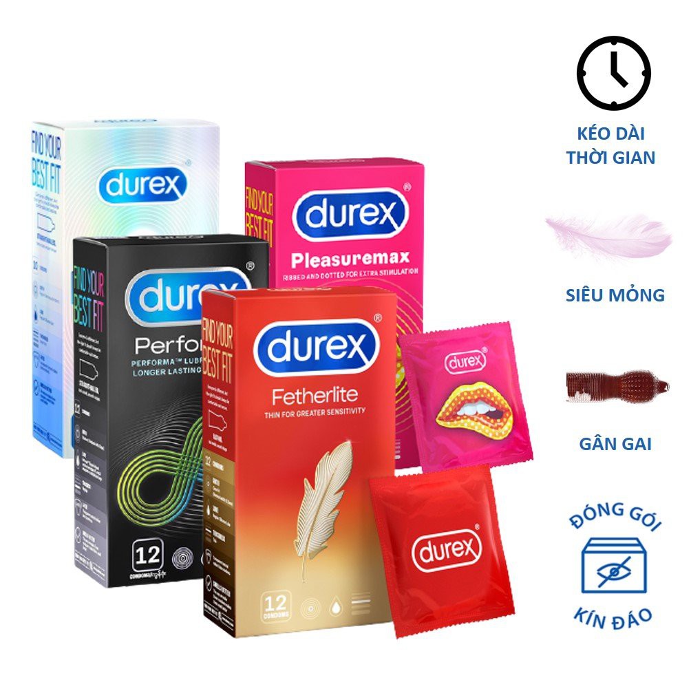 Combo 4 hộp bao cao su durex performa + plesuamax + fetherlite + invisible