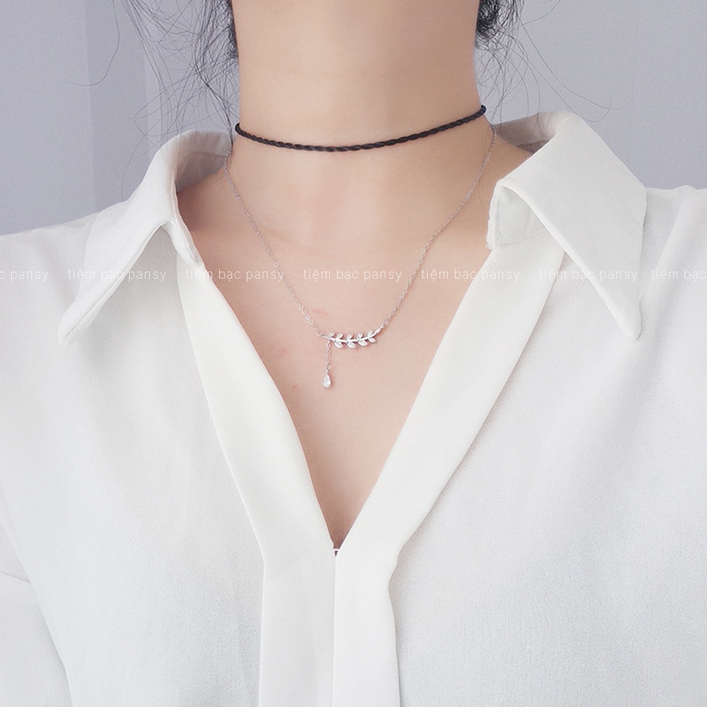 Dây chuyền bạc PANSY mặt lá liễu thả hạt, vòng cổ nữ hình lá đính đá phong cách Hàn Quốc
