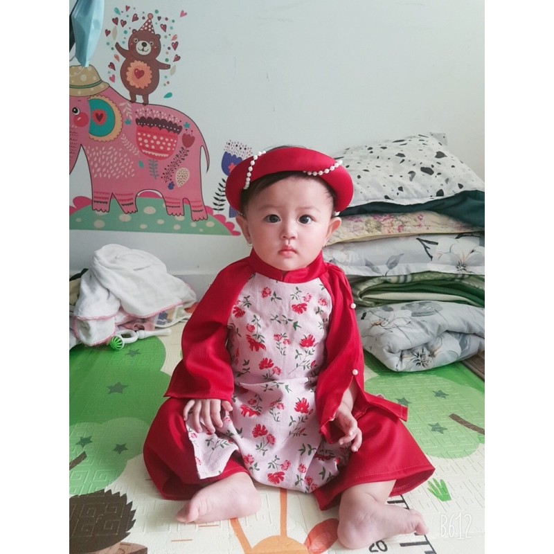 Áo dài nhung tăm hoa nhí hồng mẹ và bé 4-64kg