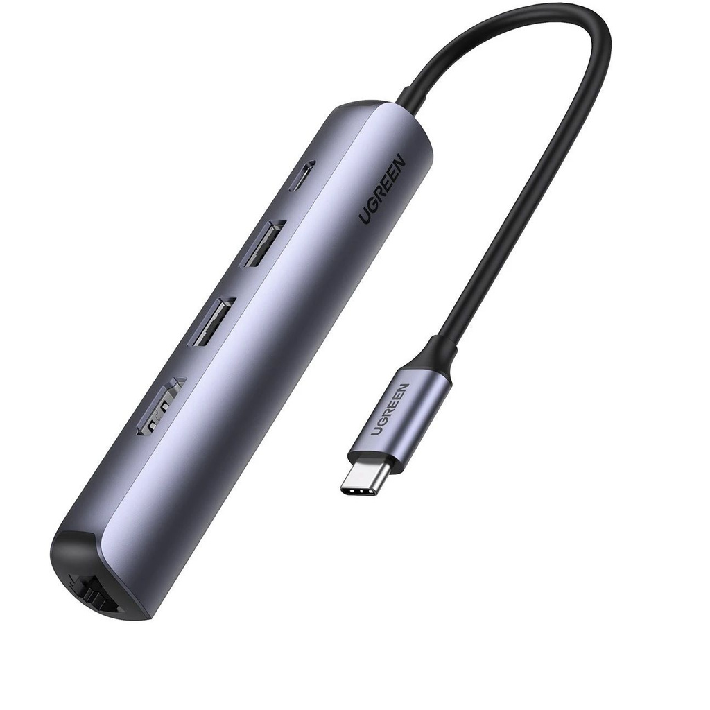 Ugreen 10919 5 trong 1 4K 60Hz PD 100W 1000Mbps màu xám Bộ chuyển type c ra 2 * USB 3.0 A + HDMI + RJ45 giga + PD CM418