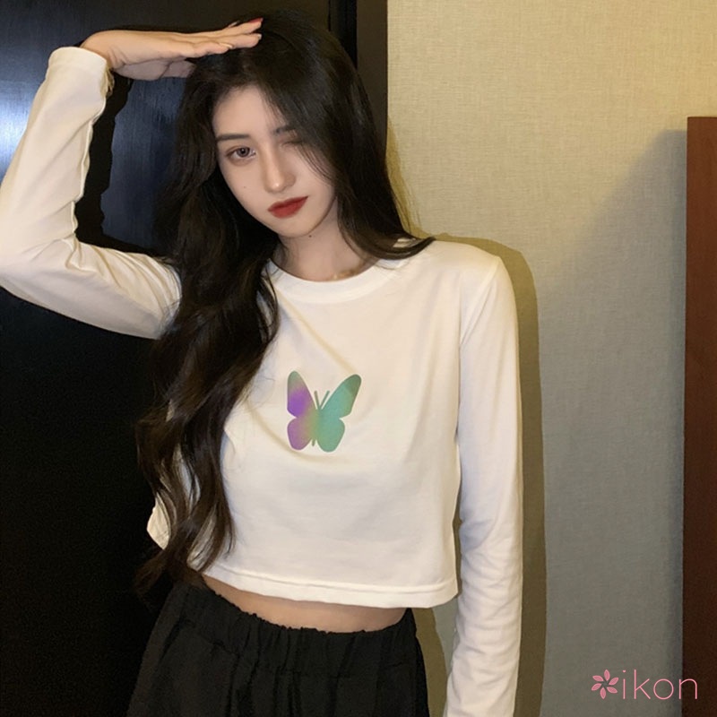 Áo Tay Dài Dáng Ôm In Hình Bướm Phản Quang Thời Trang Mùa Thu Cho Nữ